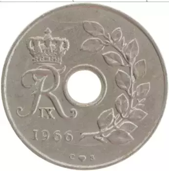 Монета 25 эре Дании 1966 года Медно-никель Фредерик IX