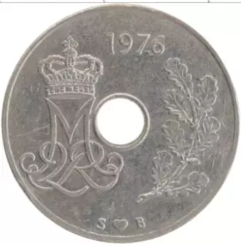 Монета 25 эре Дании 1976 года Медно-никель Маргрет II