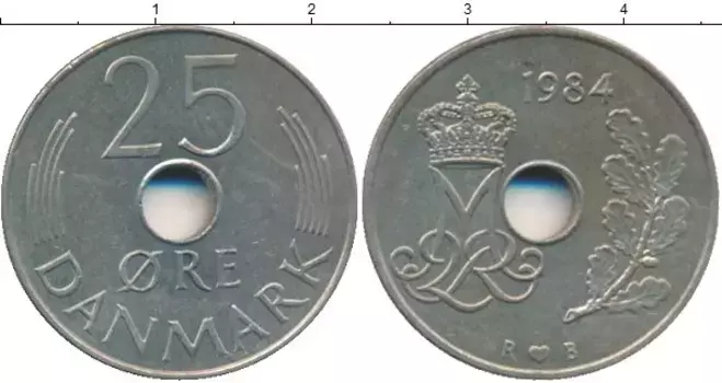 Монета 25 эре Дании 1984 года Медно-никель Маргарет II