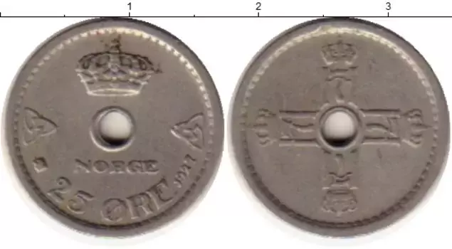 Монета 25 эре Норвегии 1927 года Медно-никель Хокон VII