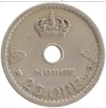 Монета 25 эре Норвегии 1929 года Медно-никель Хокон VII