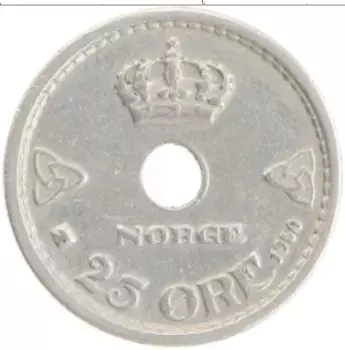 Монета 25 эре Норвегии 1950 года Медно-никель Хокон VII