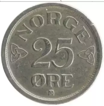 Монета 25 эре Норвегии 1952 года Медно-никель Хокон VII