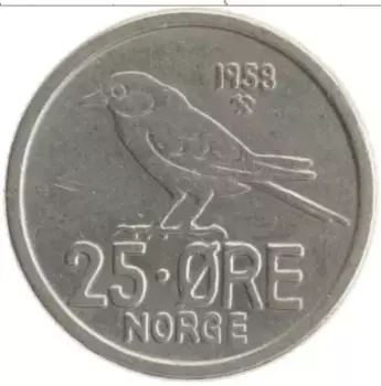 Монета 25 эре Норвегии 1958 года Медно-никель Улаф V