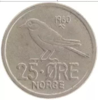 Монета 25 эре Норвегии 1960 года Медно-никель Улаф V