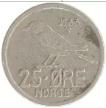 Монета 25 эре Норвегии 1963 года Медно-никель Улаф V