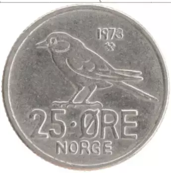 Монета 25 эре Норвегии 1973 года Медно-никель Улаф V