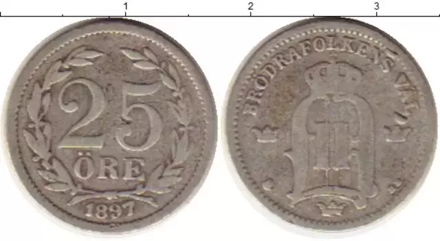 Монета 25 эре Швеции 1897 года Серебро Оскар II
