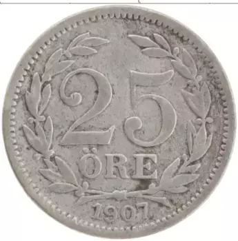 Монета 25 эре Швеции 1907 года Серебро Оскар II