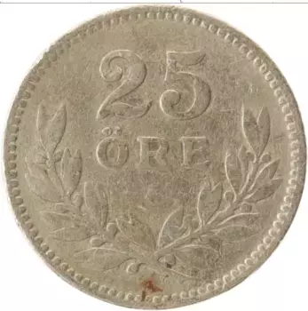 Монета 25 эре Швеции 1914 года Серебро