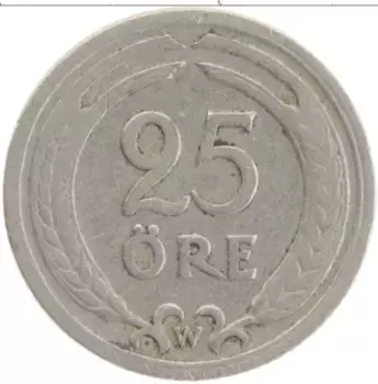 Монета 25 эре Швеции 1921 года Медно-никель Густав V