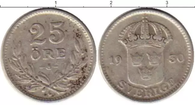 Монета 25 эре Швеции 1930 года Серебро Густав V