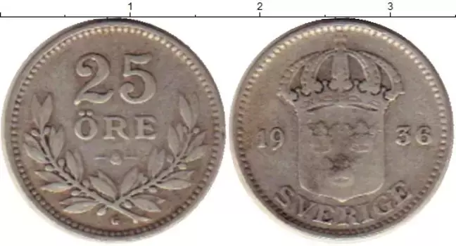 Монета 25 эре Швеции 1936 года Серебро Густав V