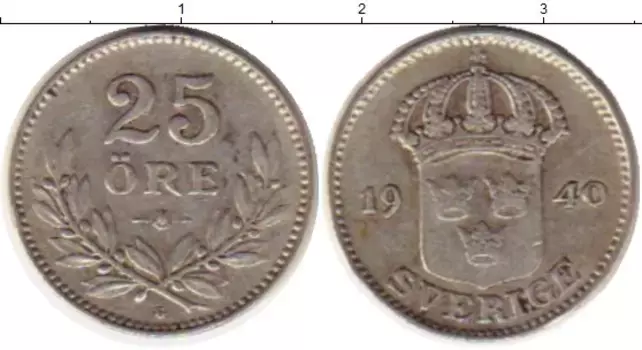 Монета 25 эре Швеции 1940 года Серебро Густав V