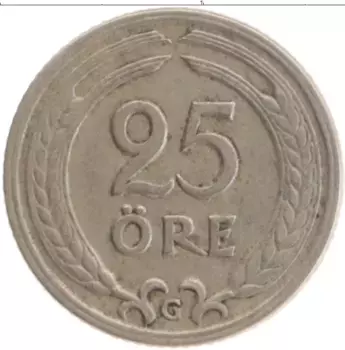 Монета 25 эре Швеции 1941 года Медно-никель Густав V