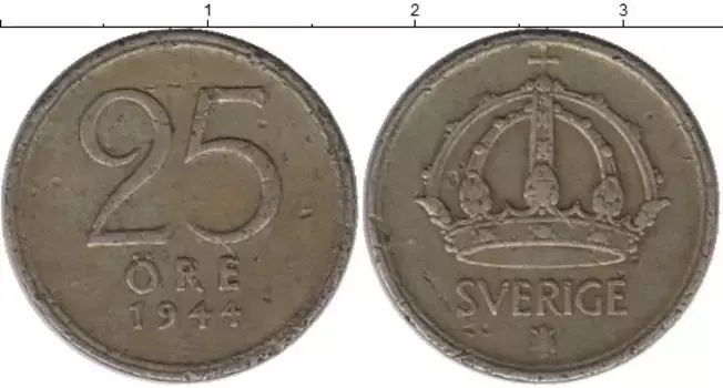 Монета 25 эре Швеции 1944 года Серебро Густав V