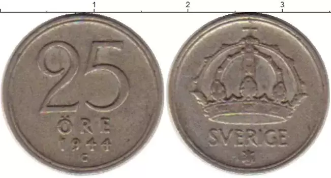 Монета 25 эре Швеции 1944 года Серебро