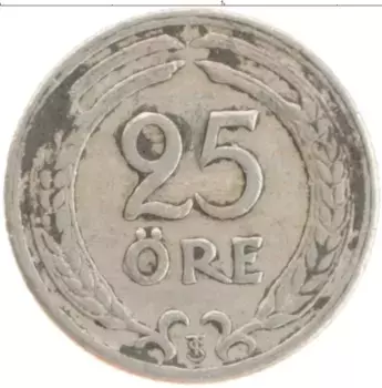 Монета 25 эре Швеции 1947 года Медно-никель Густав V