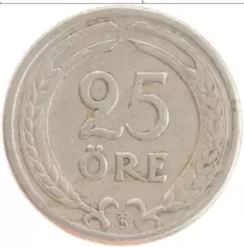 Монета 25 эре Швеции 1947 года Медно-никель Густав V