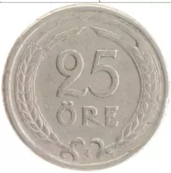 Монета 25 эре Швеции 1947 года Медно-никель Густав V
