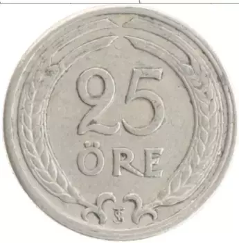 Монета 25 эре Швеции 1947 года Медно-никель Густав V