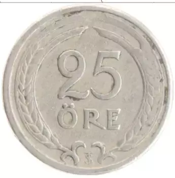 Монета 25 эре Швеции 1947 года Медно-никель Густав V