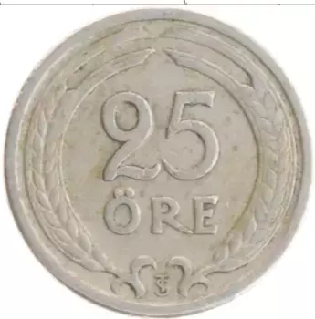 Монета 25 эре Швеции 1947 года Медно-никель Густав V
