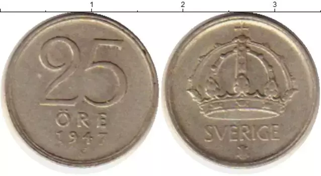 Монета 25 эре Швеции 1947 года Серебро Корона