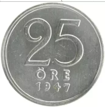 Монета 25 эре Швеции 1947 года Серебро Покрыта лаком