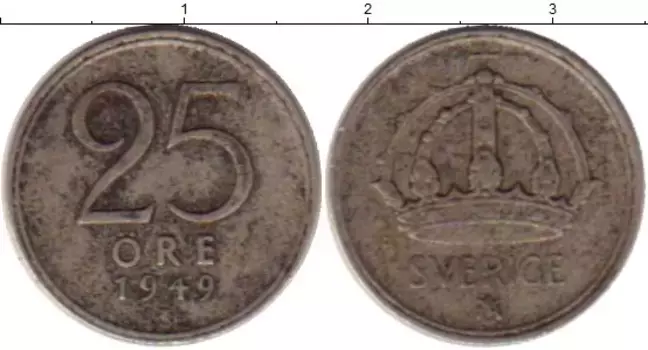 Монета 25 эре Швеции 1949 года Серебро