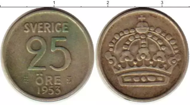 Монета 25 эре Швеции 1953 года Серебро Корона