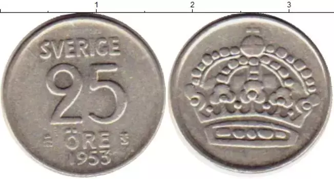 Монета 25 эре Швеции 1953 года Серебро Густав VI Адольф