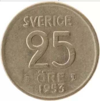 Монета 25 эре Швеции 1953 года Серебро