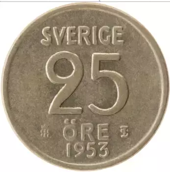 Монета 25 эре Швеции 1953 года Серебро