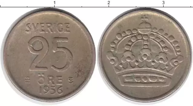 Монета 25 эре Швеции 1956 года Серебро