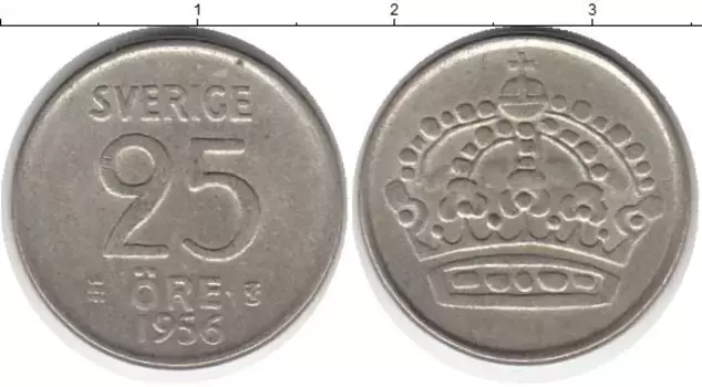 Монета 25 эре Швеции 1956 года Серебро
