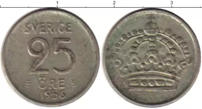 Монета 25 эре Швеции 1956 года Серебро