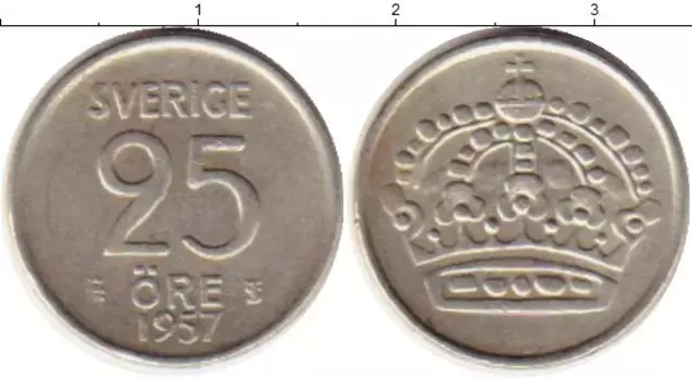 Монета 25 эре Швеции 1957 года Серебро Густав VI Адольф