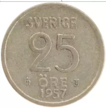 Монета 25 эре Швеции 1957 года Серебро Корона