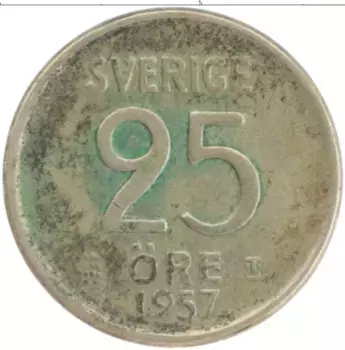Монета 25 эре Швеции 1957 года Серебро Корона