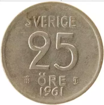 Монета 25 эре Швеции 1961 года Серебро