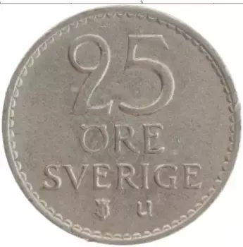 Монета 25 эре Швеции 1967 года Медно-никель Густав VI Адольф