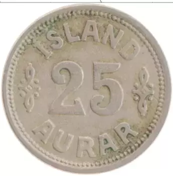Монета 25 аурар Исландии 1922 года Медно-никель Кристиан Х