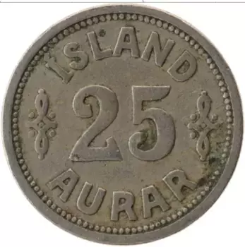 Монета 25 аурар Исландии 1923 года Медно-никель Кристиан Х