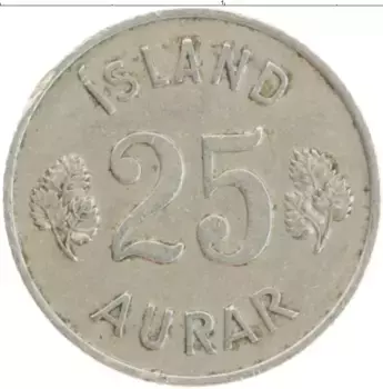 Монета 25 аурар Исландии 1946 года Медно-никель