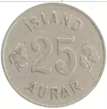 Монета 25 аурар Исландии 1946 года Медно-никель