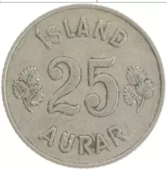 Монета 25 аурар Исландии 1946 года Медно-никель
