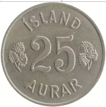Монета 25 аурар Исландии 1946 года Медно-никель