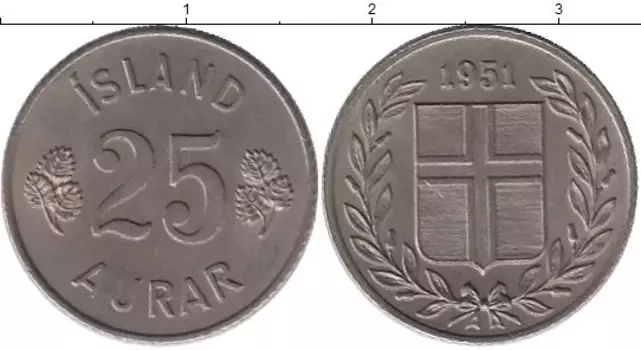 Монета 25 аурар Исландии 1951 года Медно-никель