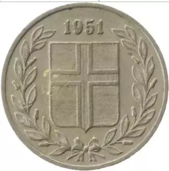 Монета 25 аурар Исландии 1951 года Медно-никель